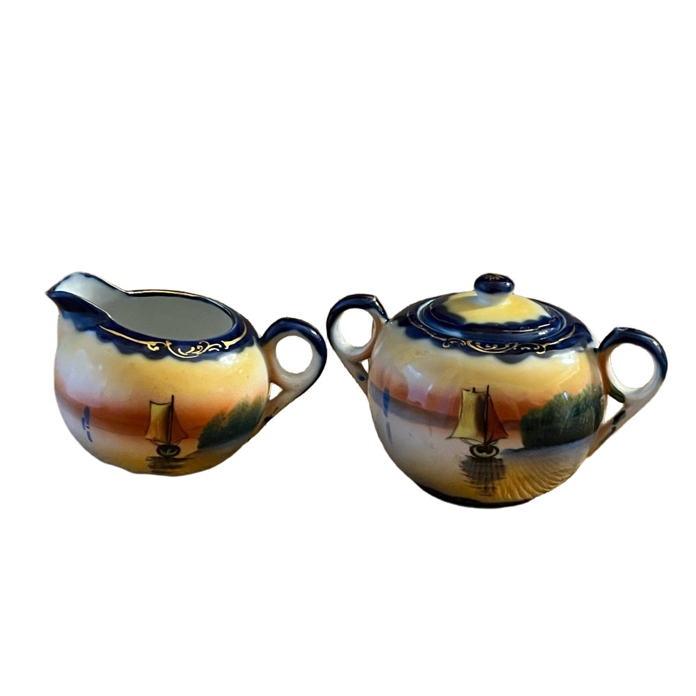 Vintage Two Piece Tea Set, Teapot and Covered Sugar Bowl, Japan; Hand Painted
